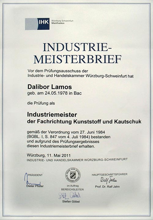 Dalibor Lamos Meisterbrief Dalibor Lamos Meisterbrief